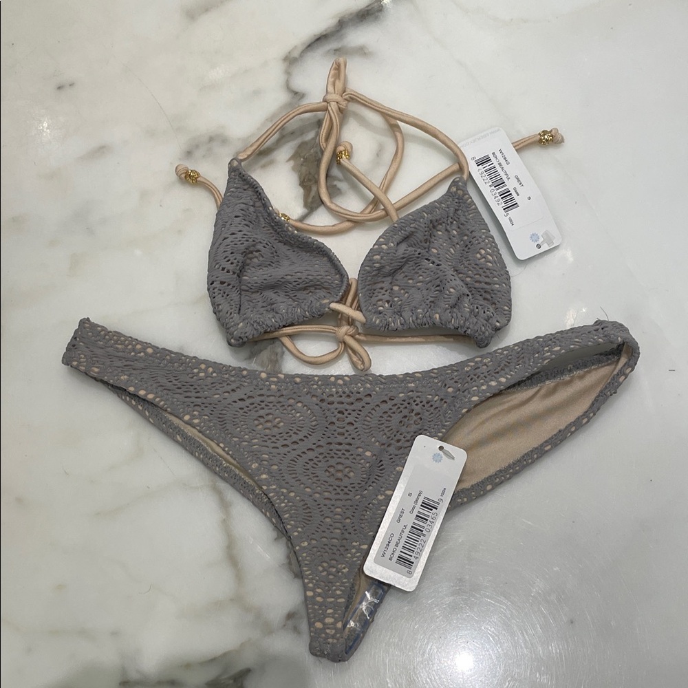Eberjey Crochet Triangle Bikini Set with Beige Ties - Women Swim